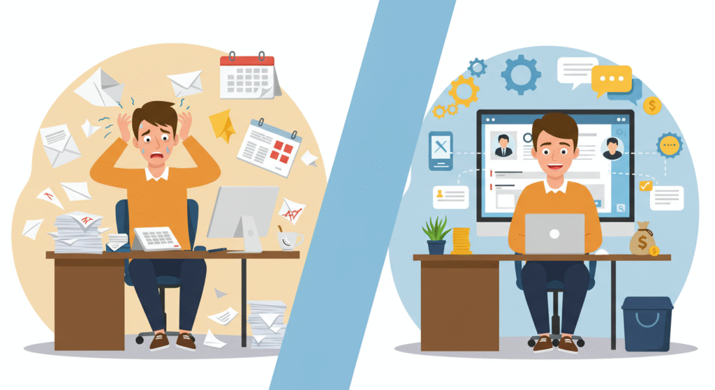 Cartoon illustration of a small business owner stressed before CRM automation and calm after automation, showing a messy desk on the left and a tidy, efficient workspace on the right.